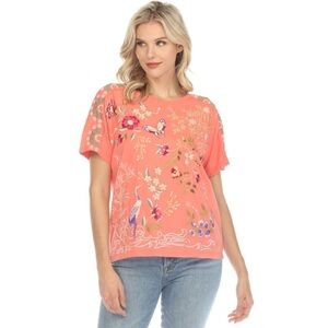 NWT Johnny Was Osaka Raw Seam Dolman Tee in Living Coral Embroidered T-Shirt XS